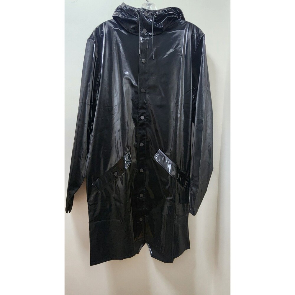 RAINS Long Jacket W3 Women's Black Hooded Rain Coat Button Snap Front Size M